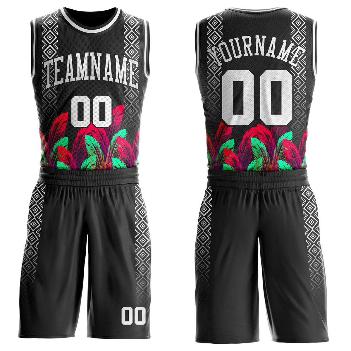 Custom Black White Red-Green Feather Geometric Boho Style Round Neck Sublimation Basketball Uniform Jersey