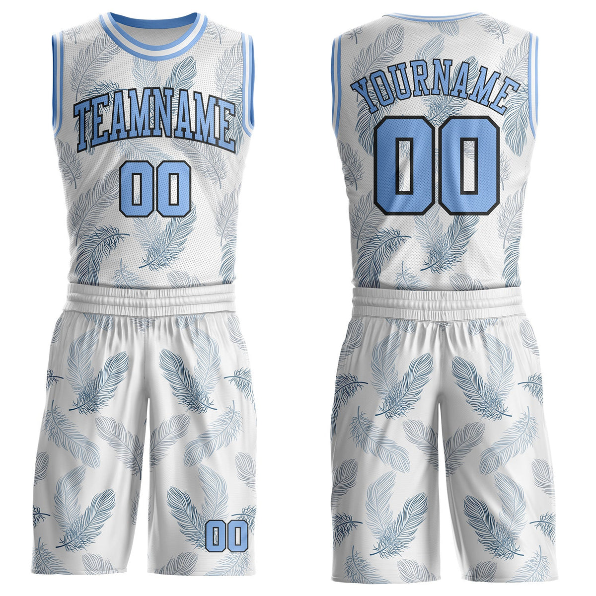 Custom White Light Blue-Black Feather Boho Style Round Neck Sublimation Basketball Uniform Jersey