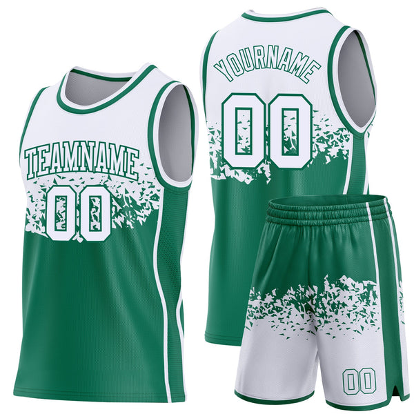Custom White-Kelly Green Shattered Geometric Side Panel Stripe Round Neck Sublimation Basketball Set Jersey alternate