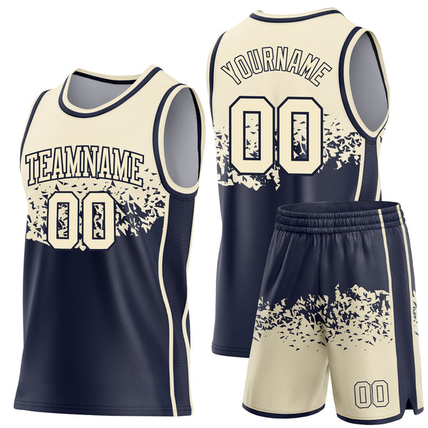 Custom Cream-Navy Shattered Geometric Side Panel Stripe Round Neck Sublimation Basketball Set Jersey alternate