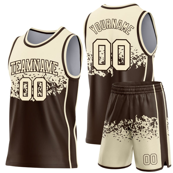 Custom Cream-Brown Shattered Geometric Side Panel Stripe Round Neck Sublimation Basketball Set Jersey alternate