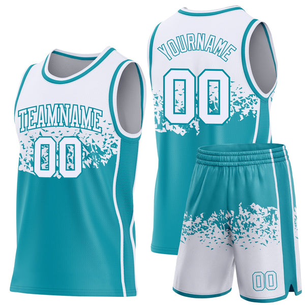Custom White-Teal Shattered Geometric Side Panel Stripe Round Neck Sublimation Basketball Set Jersey alternate