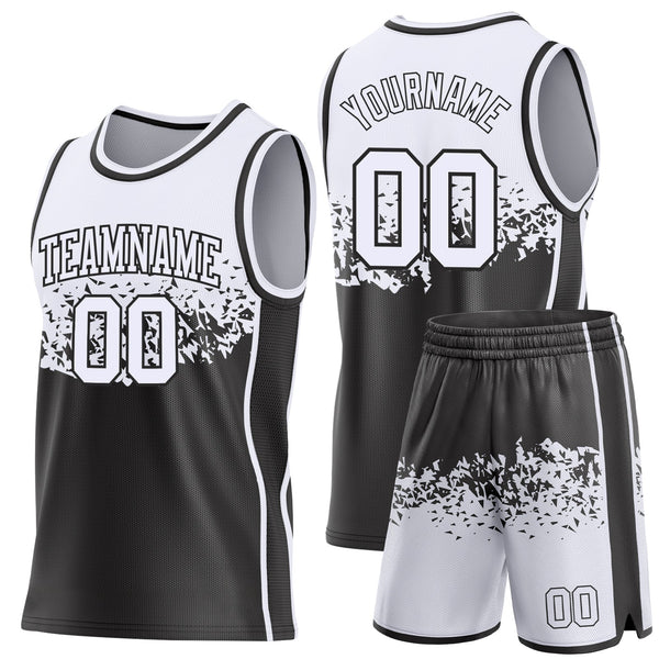 Custom White-Black Shattered Geometric Side Panel Stripe Round Neck Sublimation Basketball Set Jersey alternate