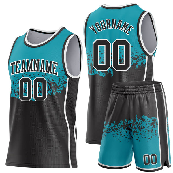 Custom Teal Black-White Shattered Geometric Side Panel Stripe Round Neck Sublimation Basketball Set Jersey alternate