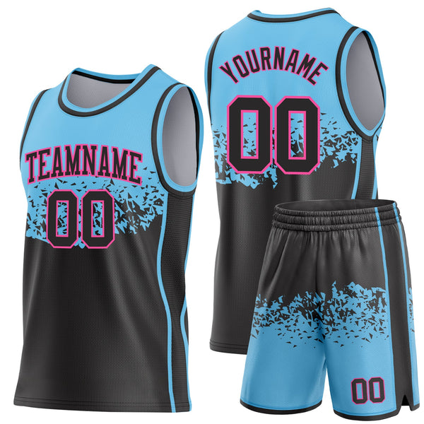Custom Sky Blue Black-Pink Shattered Geometric Side Panel Stripe Round Neck Sublimation Basketball Set Jersey alternate