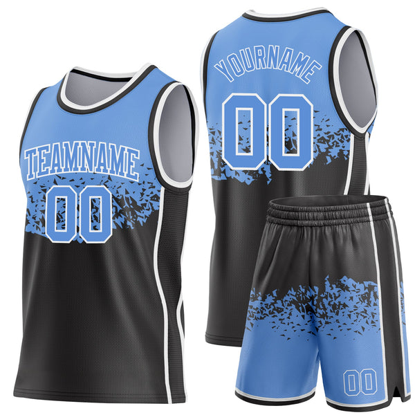 Custom Light Blue Black-White Shattered Geometric Side Panel Stripe Round Neck Sublimation Basketball Set Jersey alternate