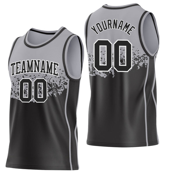 Custom Gray Black-White Shattered Geometric Side Panel Stripe Round Neck Sublimation Basketball Set Jersey