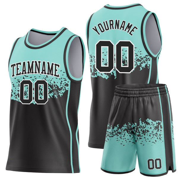 Custom Ice Blue Black-White Shattered Geometric Side Panel Stripe Round Neck Sublimation Basketball Set Jersey alternate