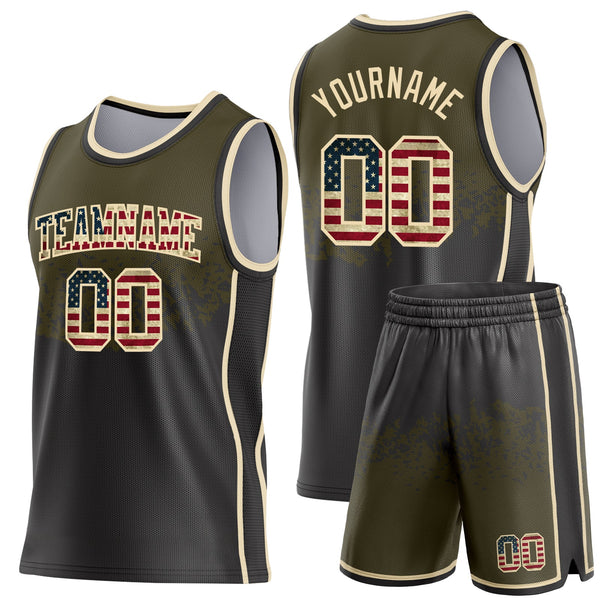 Custom Olive Vintage USA Flag Black-Cream Shattered Geometric Side Panel Stripe Round Neck Sublimation Basketball Set Jersey alternate