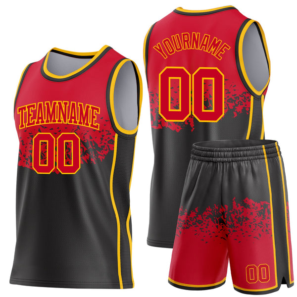 Custom Red Black-Gold Shattered Geometric Side Panel Stripe Round Neck Sublimation Basketball Set Jersey alternate