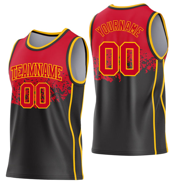 Custom Red Black-Gold Shattered Geometric Side Panel Stripe Round Neck Sublimation Basketball Set Jersey