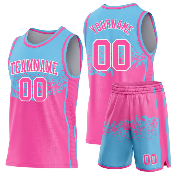 Custom Sky Blue Pink-White Shattered Geometric Side Panel Stripe Round Neck Sublimation Basketball Set Jersey alternate