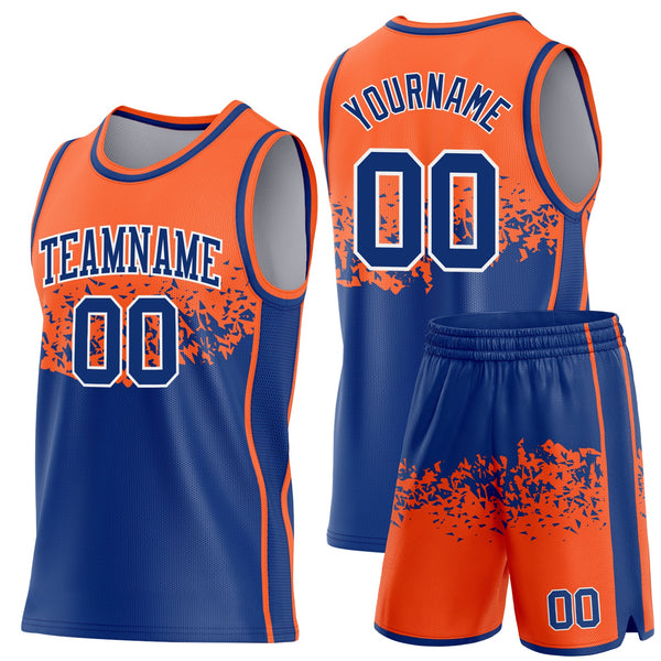 Custom Orange Royal-White Shattered Geometric Side Panel Stripe Round Neck Sublimation Basketball Set Jersey alternate