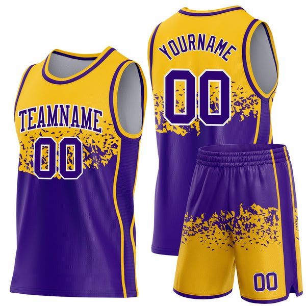 Custom Gold Purple-White Shattered Geometric Side Panel Stripe Round Neck Sublimation Basketball Set Jersey alternate