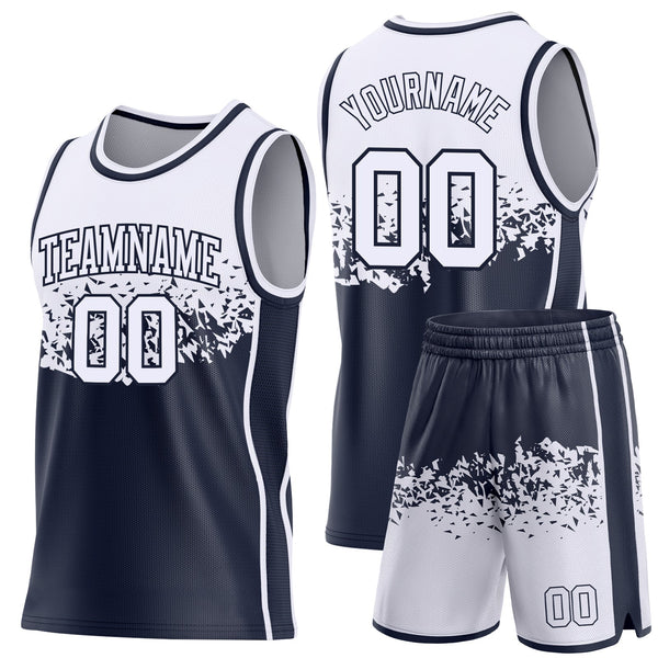 Custom White-Navy Shattered Geometric Side Panel Stripe Round Neck Sublimation Basketball Set Jersey alternate