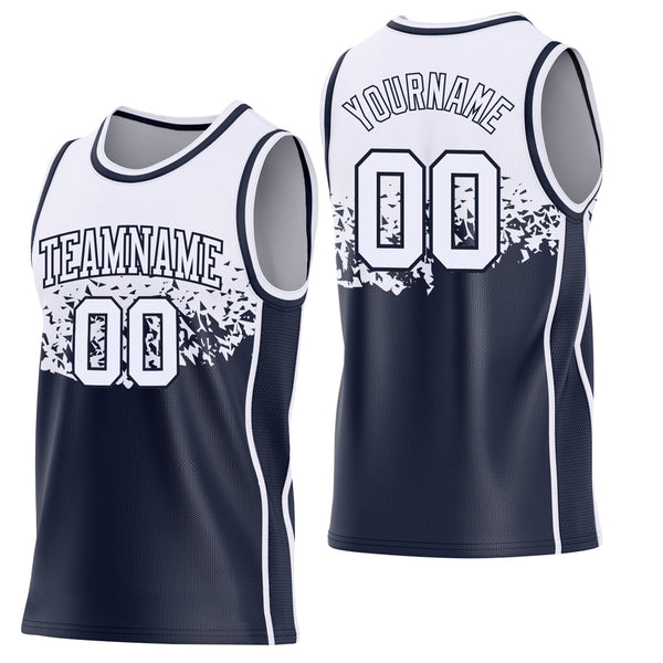 Custom White-Navy Shattered Geometric Side Panel Stripe Round Neck Sublimation Basketball Set Jersey