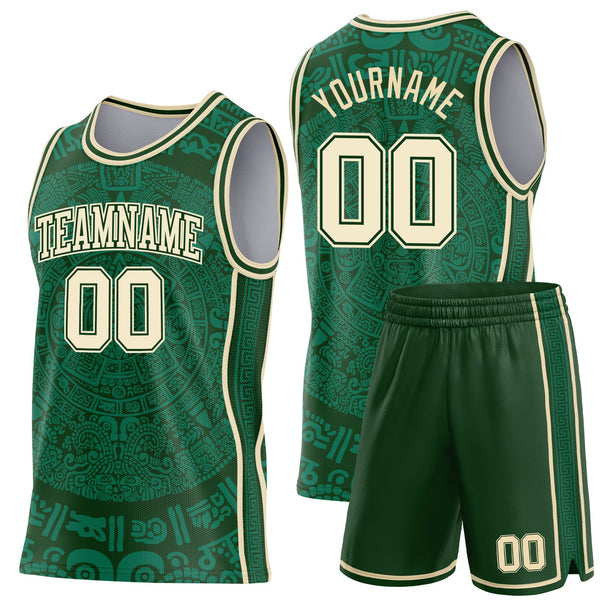 Custom Green-Cream Tribal Ethnic Aztec Sun Stone Side Panel Stripe Round Neck Sublimation Basketball Set Jersey alternate