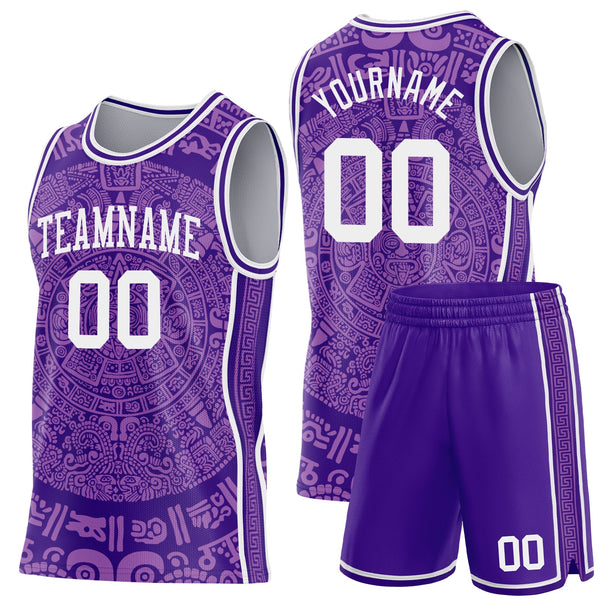 Custom Purple-White Tribal Ethnic Aztec Sun Stone Side Panel Stripe Round Neck Sublimation Basketball Set Jersey alternate