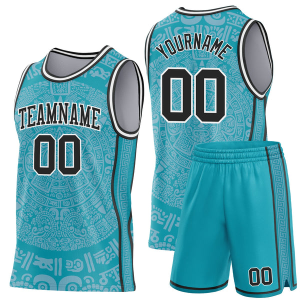 Custom Teal Black-White Tribal Ethnic Aztec Sun Stone Side Panel Stripe Round Neck Sublimation Basketball Set Jersey alternate