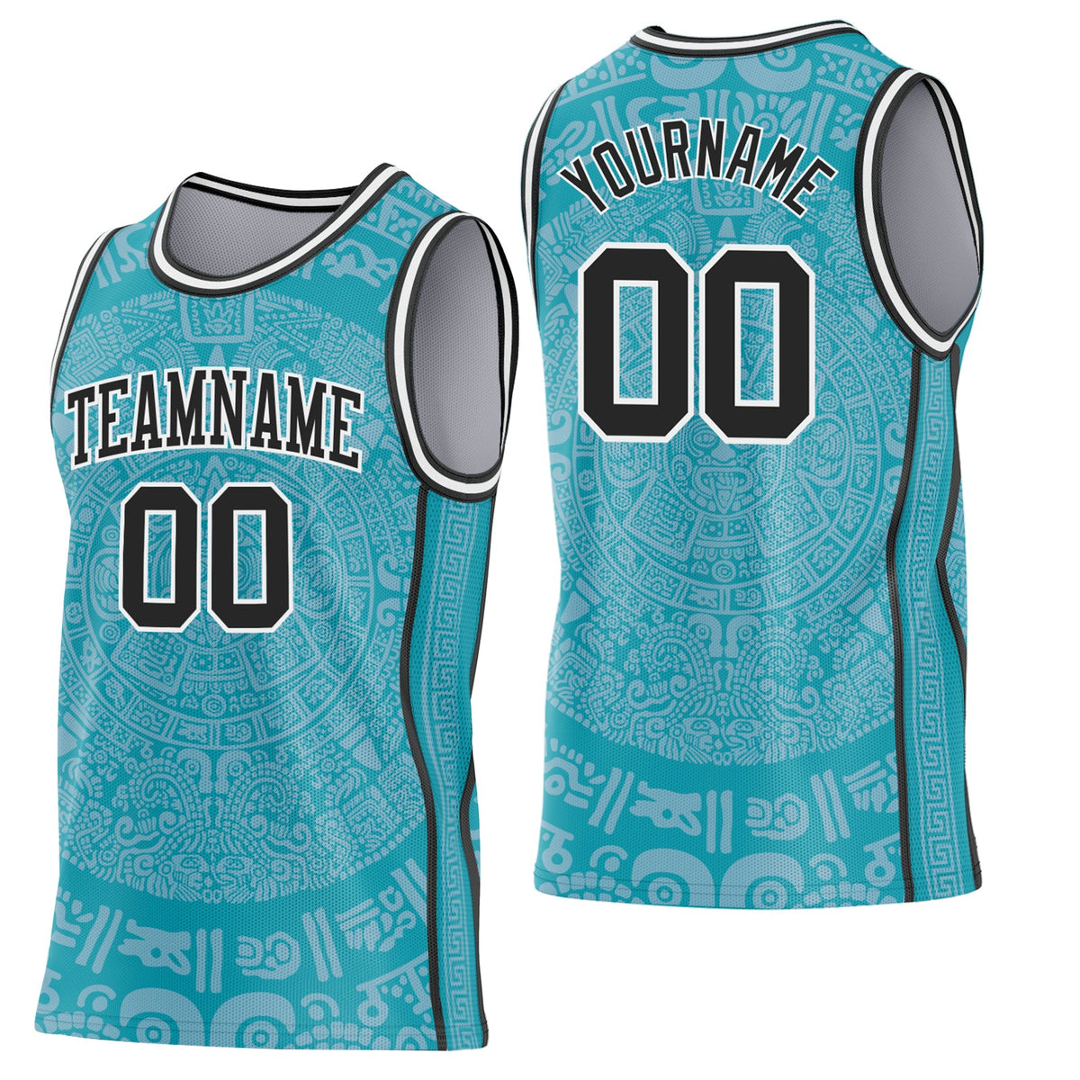 Custom Teal Black-White Tribal Ethnic Aztec Sun Stone Side Panel Stripe Round Neck Sublimation Basketball Set Jersey