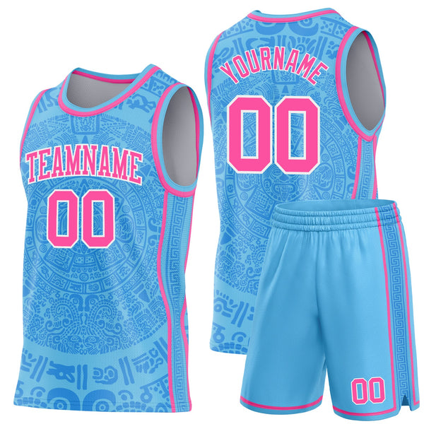 Custom Sky Blue Pink-White Tribal Ethnic Aztec Sun Stone Side Panel Stripe Round Neck Sublimation Basketball Set Jersey alternate