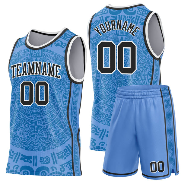 Custom Light Blue Black-White Tribal Ethnic Aztec Sun Stone Side Panel Stripe Round Neck Sublimation Basketball Set Jersey alternate