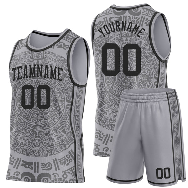 Custom Gray-Black Tribal Ethnic Aztec Sun Stone Side Panel Stripe Round Neck Sublimation Basketball Set Jersey alternate