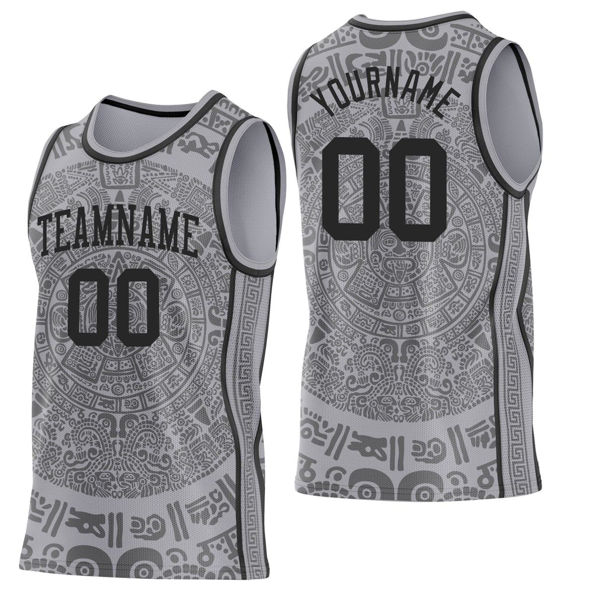 Custom Gray-Black Tribal Ethnic Aztec Sun Stone Side Panel Stripe Round Neck Sublimation Basketball Set Jersey