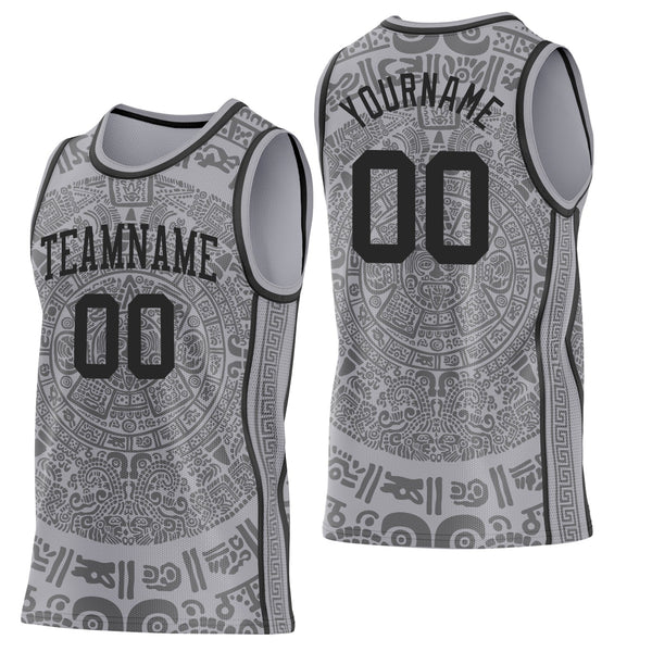 Custom Gray-Black Tribal Ethnic Aztec Sun Stone Side Panel Stripe Round Neck Sublimation Basketball Set Jersey