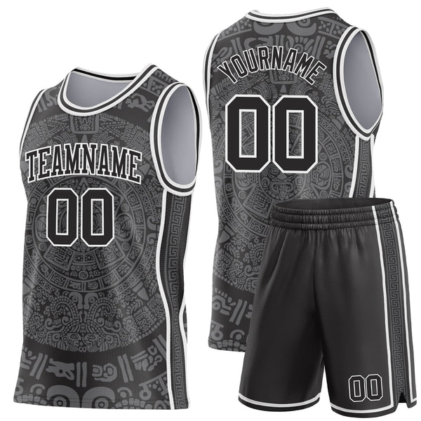 Custom Black-White Tribal Ethnic Aztec Sun Stone Side Panel Stripe Round Neck Sublimation Basketball Set Jersey alternate
