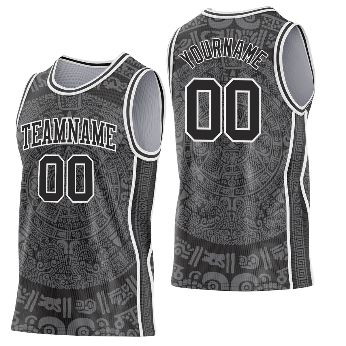 Custom Black-White Tribal Ethnic Aztec Sun Stone Side Panel Stripe Round Neck Sublimation Basketball Set Jersey