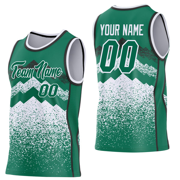 Custom Kelly Green White-Black Mountain Peak Shards Side Panel Stripe Round Neck Sublimation Basketball Set Jersey