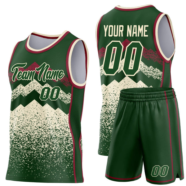 Custom Green Cream-Crimson Mountain Peak Shards Side Panel Stripe Round Neck Sublimation Basketball Set Jersey alternate