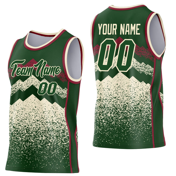 Custom Green Cream-Crimson Mountain Peak Shards Side Panel Stripe Round Neck Sublimation Basketball Set Jersey