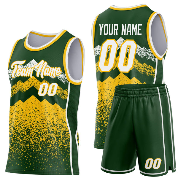 Custom Green White-Gold Mountain Peak Shards Side Panel Stripe Round Neck Sublimation Basketball Set Jersey alternate
