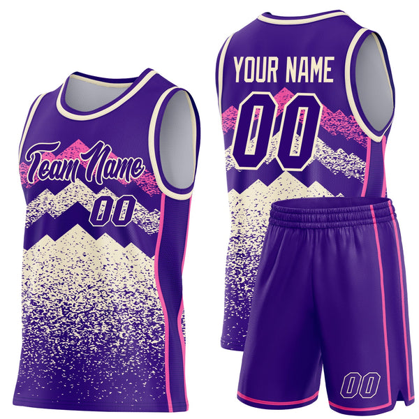 Custom Purple Cream-Pink Mountain Peak Shards Side Panel Stripe Round Neck Sublimation Basketball Set Jersey alternate
