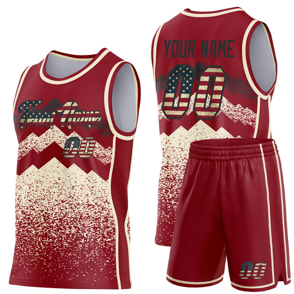 Custom Maroon Vintage USA Flag Cream-Black Mountain Peak Shards Side Panel Stripe Round Neck Sublimation Basketball Set Jersey alternate