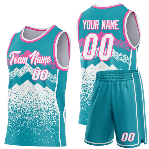 Custom Teal White-Pink Mountain Peak Shards Side Panel Stripe Round Neck Sublimation Basketball Set Jersey alternate
