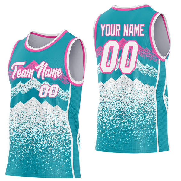 Custom Teal White-Pink Mountain Peak Shards Side Panel Stripe Round Neck Sublimation Basketball Set Jersey