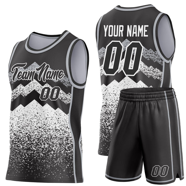 Custom Black White-Gray Mountain Peak Shards Side Panel Stripe Round Neck Sublimation Basketball Set Jersey alternate