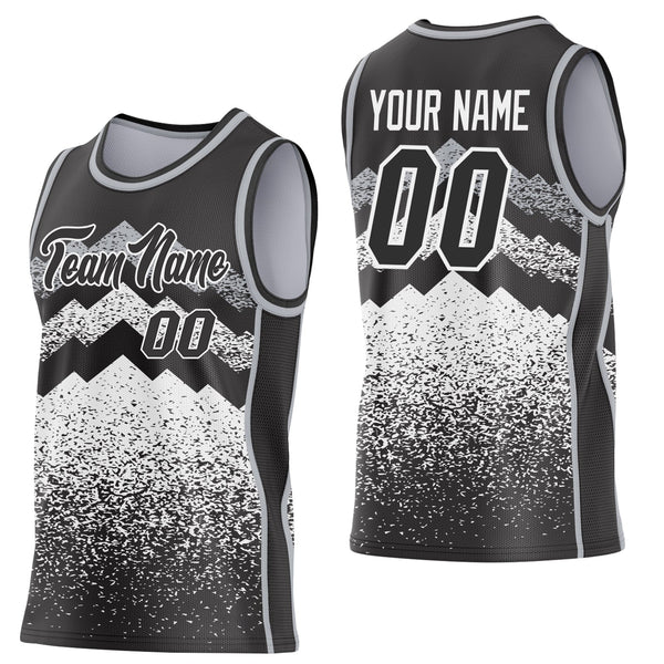 Custom Black White-Gray Mountain Peak Shards Side Panel Stripe Round Neck Sublimation Basketball Set Jersey