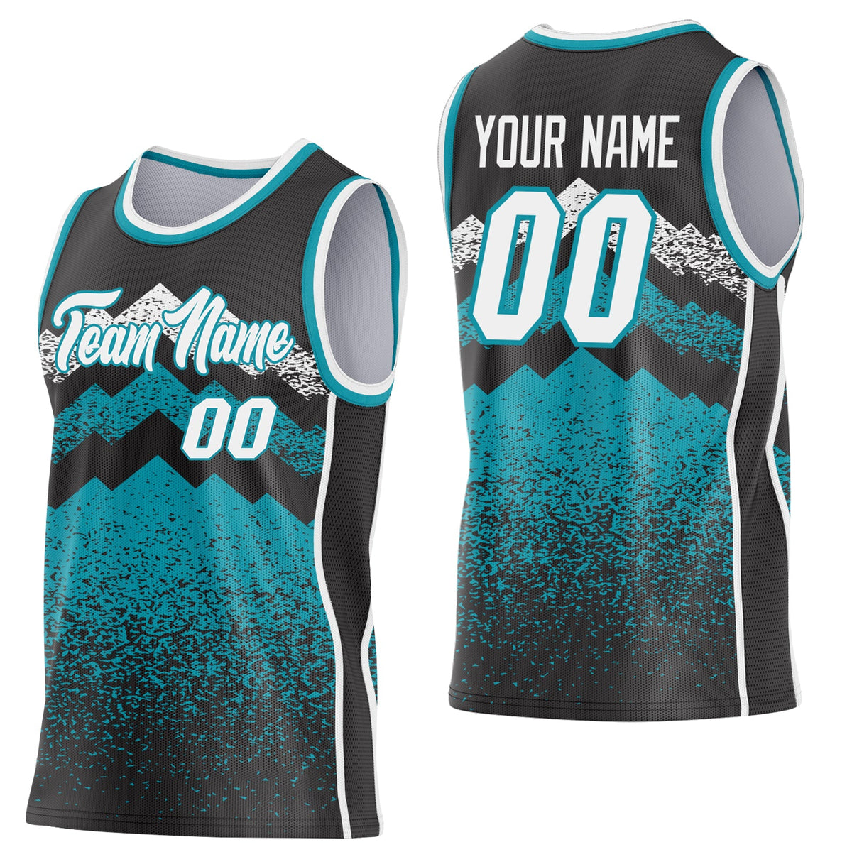 Custom Black White-Teal Mountain Peak Shards Side Panel Stripe Round Neck Sublimation Basketball Set Jersey