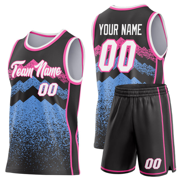 Custom Black White Light Blue-Pink Mountain Peak Shards Side Panel Stripe Round Neck Sublimation Basketball Set Jersey alternate