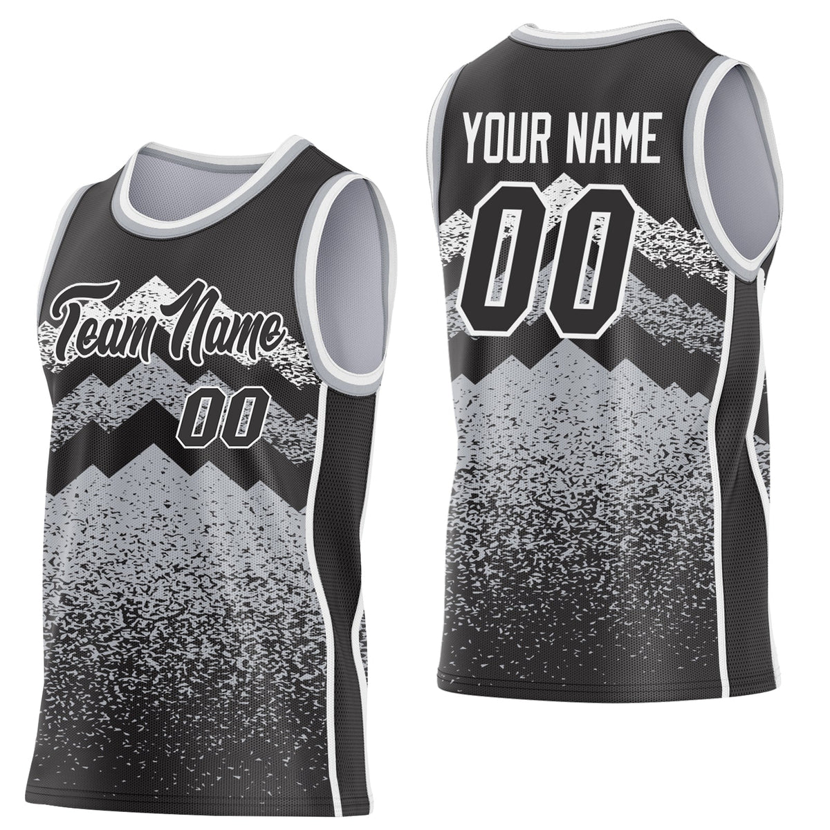 Custom Black Gray-White Mountain Peak Shards Side Panel Stripe Round Neck Sublimation Basketball Set Jersey