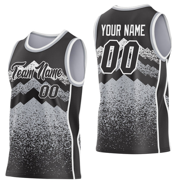 Custom Black Gray-White Mountain Peak Shards Side Panel Stripe Round Neck Sublimation Basketball Set Jersey