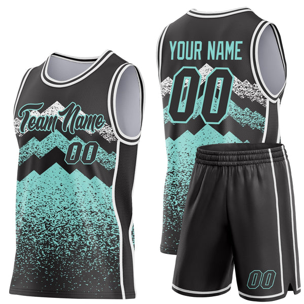 Custom Black Ice Blue-White Mountain Peak Shards Side Panel Stripe Round Neck Sublimation Basketball Set Jersey alternate