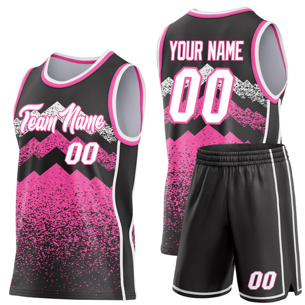 Custom Black White-Pink Mountain Peak Shards Side Panel Stripe Round Neck Sublimation Basketball Set Jersey alternate