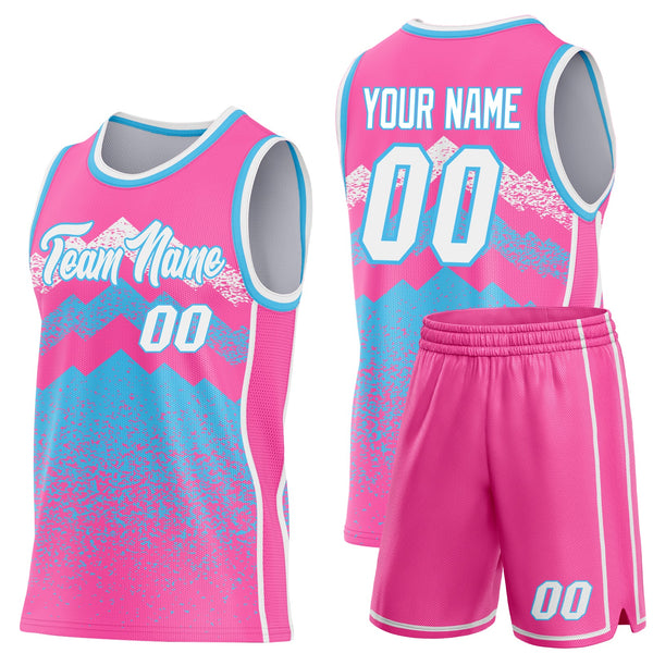 Custom Pink White-Sky Blue Mountain Peak Shards Side Panel Stripe Round Neck Sublimation Basketball Set Jersey alternate