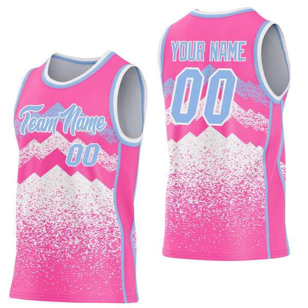 Custom Pink Light Blue-White Mountain Peak Shards Side Panel Stripe Round Neck Sublimation Basketball Set Jersey