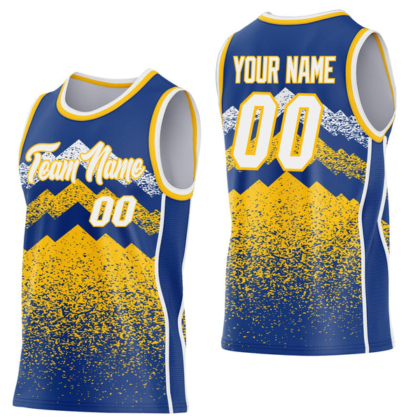 Custom Royal White-Gold Mountain Peak Shards Side Panel Stripe Round Neck Sublimation Basketball Set Jersey